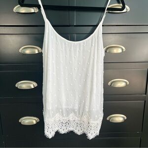 Lucky Brand White Camisole With Swiss Dot + Lace Hem Small NWT
